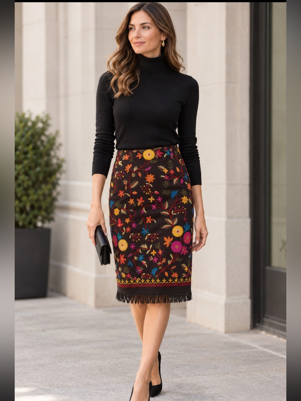 Rare Alice + Olivia Embroidered Wool Blend Skirt Size M
